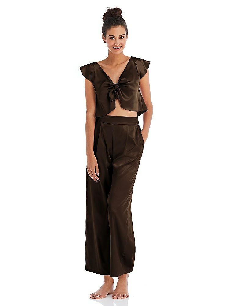 Front View - Espresso Satin Ankle Wide-Leg Lounge Pants - Vic