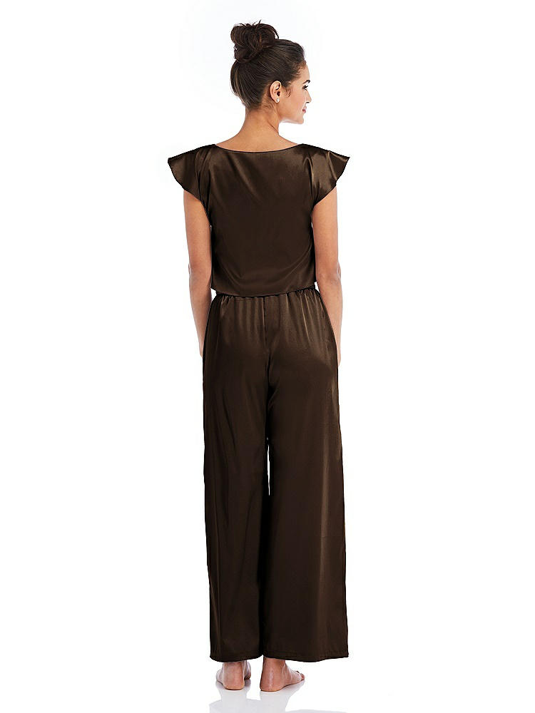 Back View - Espresso Satin Ankle Wide-Leg Lounge Pants - Vic