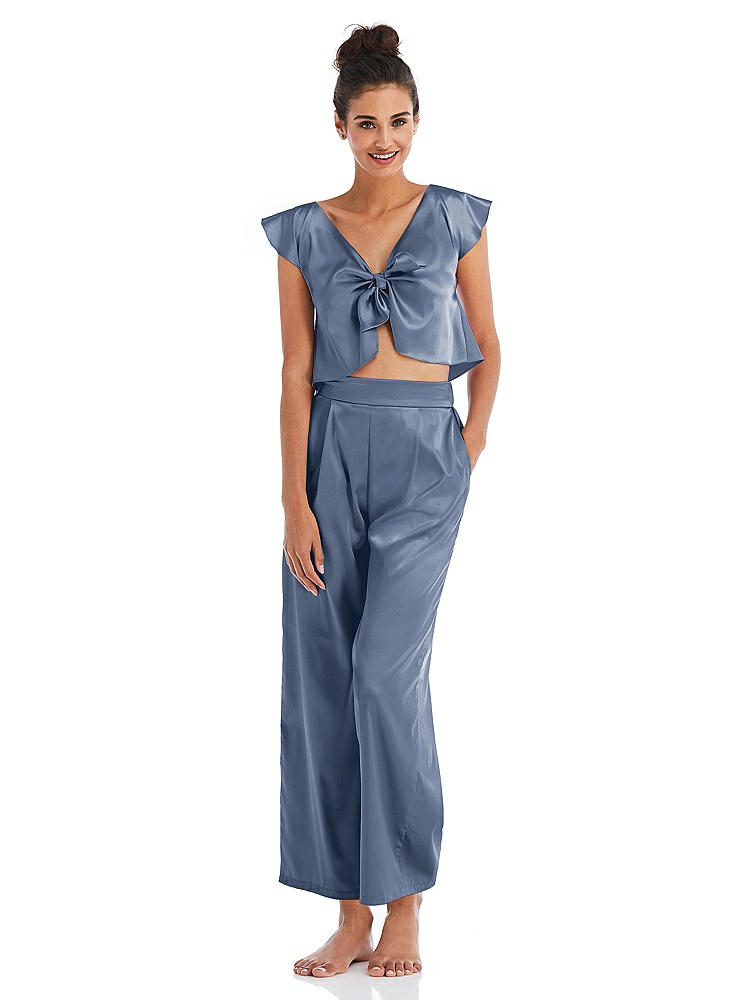 Front View - Larkspur Blue Satin Ankle Wide-Leg Lounge Pants - Vic