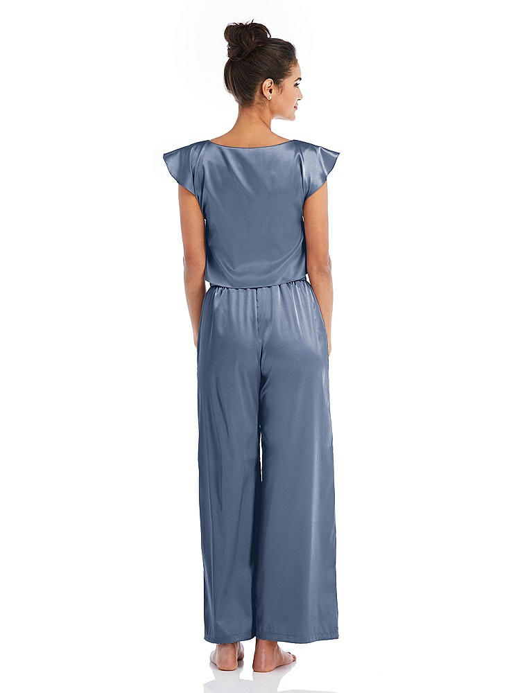 Back View - Larkspur Blue Satin Ankle Wide-Leg Lounge Pants - Vic