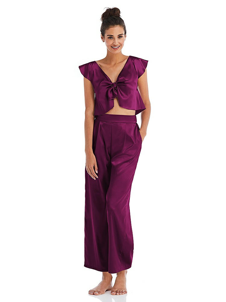 Front View - Merlot Satin Ankle Wide-Leg Lounge Pants - Vic