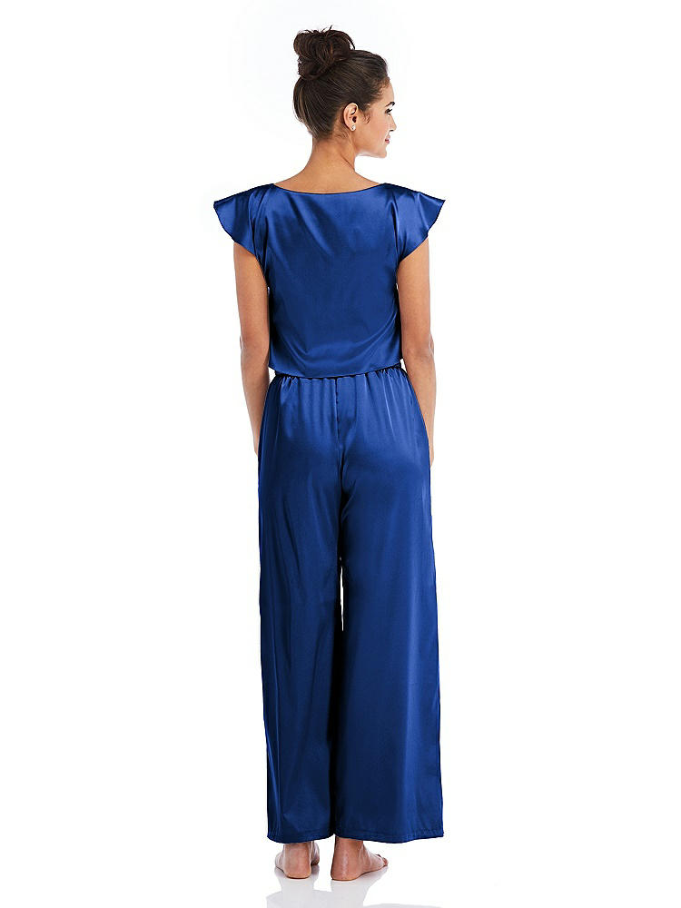 Back View - Sapphire Satin Ankle Wide-Leg Lounge Pants - Vic