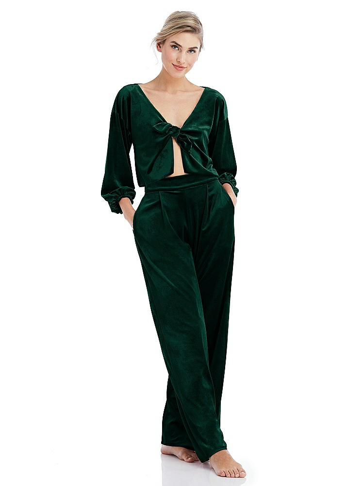 Front View - Evergreen Velvet Lounge Pants with Pockets - Cleo