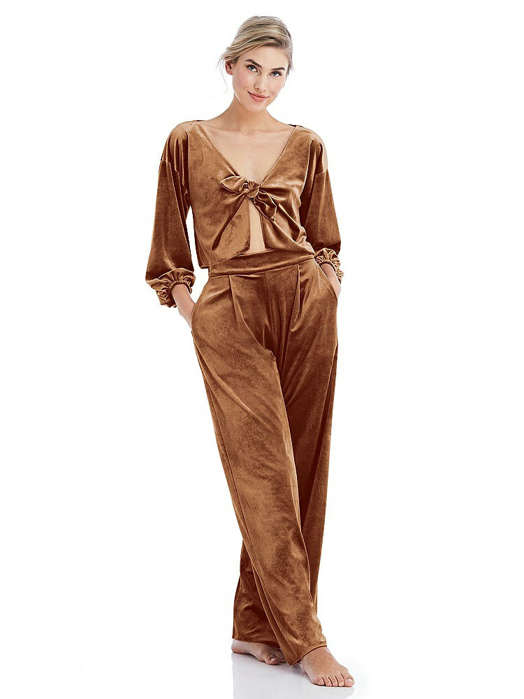 Front View - Golden Almond Velvet Lounge Pants with Pockets - Cleo