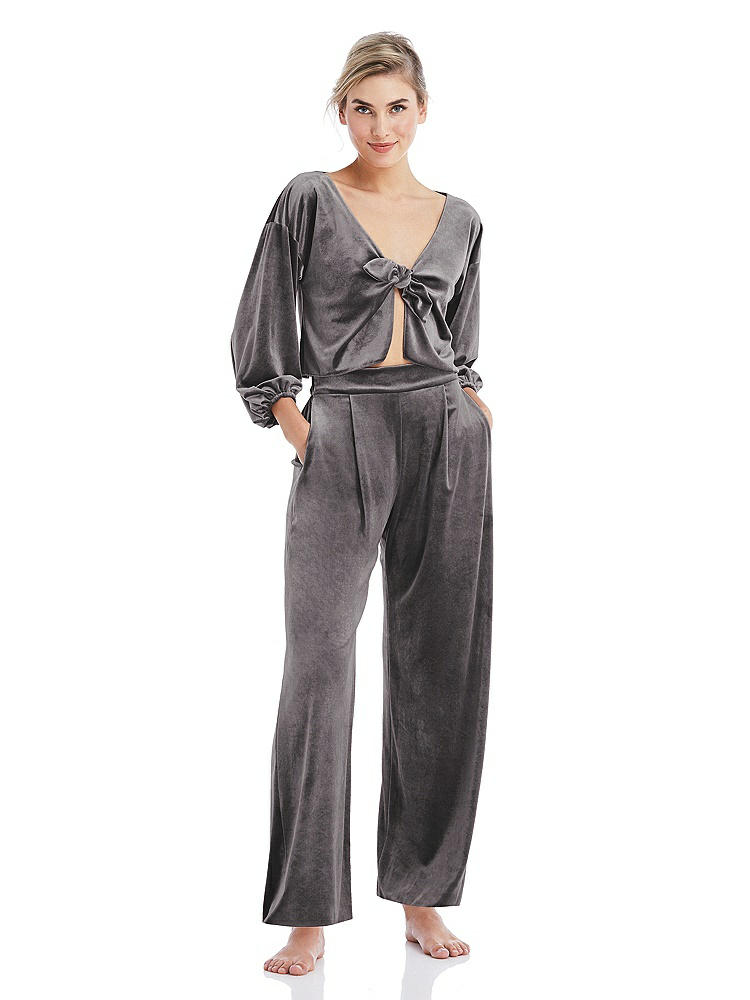 Front View - Caviar Gray Velvet Ankle Wide-Leg Lounge Pants - Billie