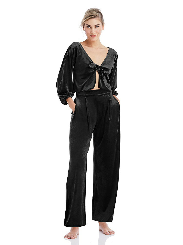 Front View - Black Velvet Ankle Wide-Leg Lounge Pants - Billie