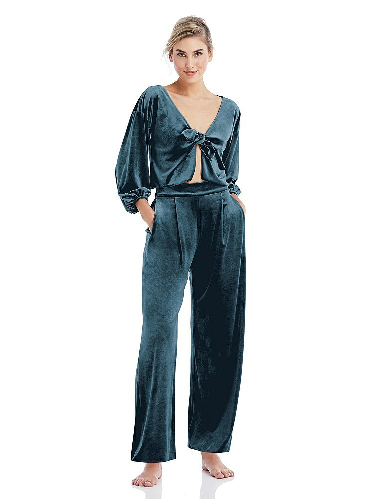 Front View - Dutch Blue Velvet Ankle Wide-Leg Lounge Pants - Billie