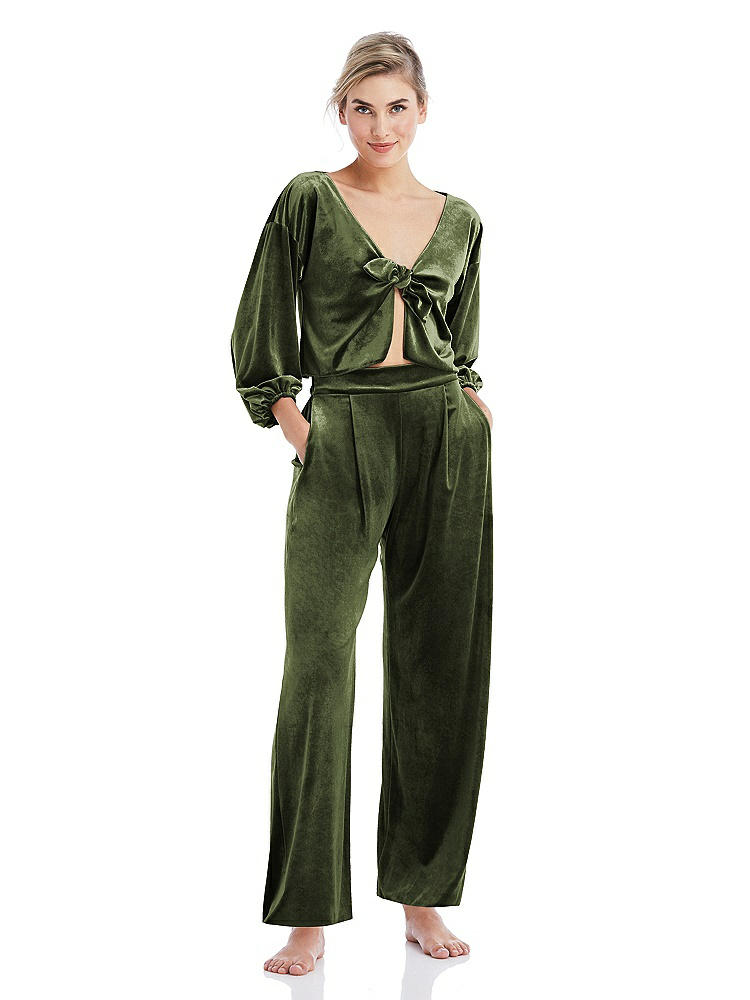 Front View - Olive Green Velvet Ankle Wide-Leg Lounge Pants - Billie