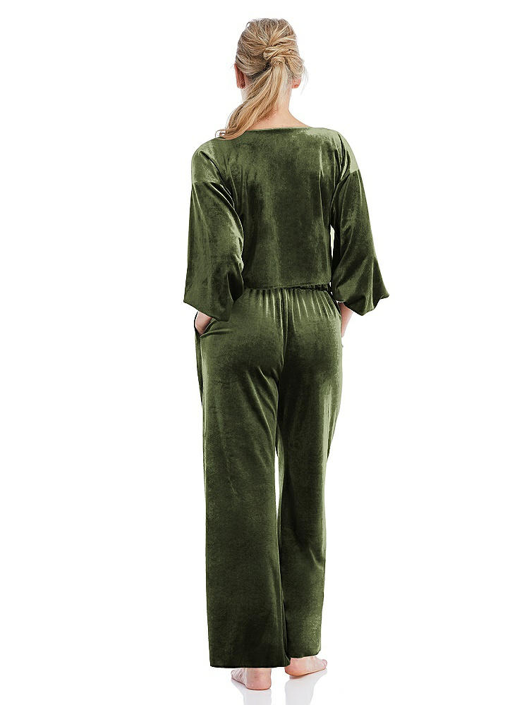 Back View - Olive Green Velvet Ankle Wide-Leg Lounge Pants - Billie