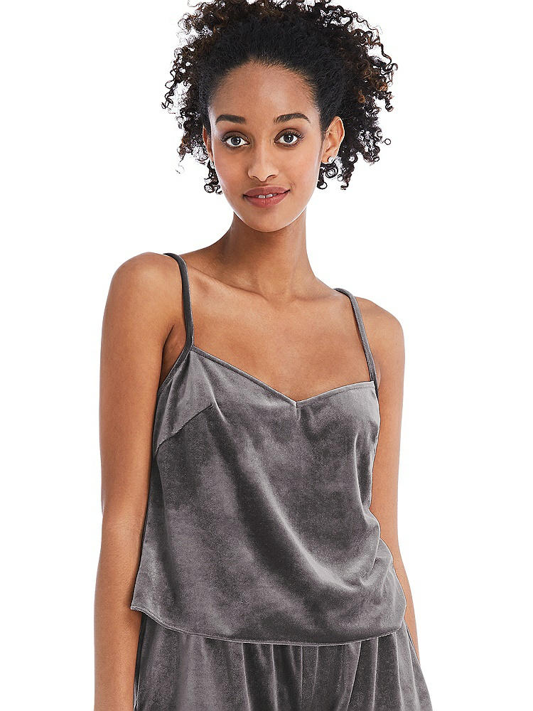 Front View - Caviar Gray Split Back Slim Strap Velvet Cami - Sari