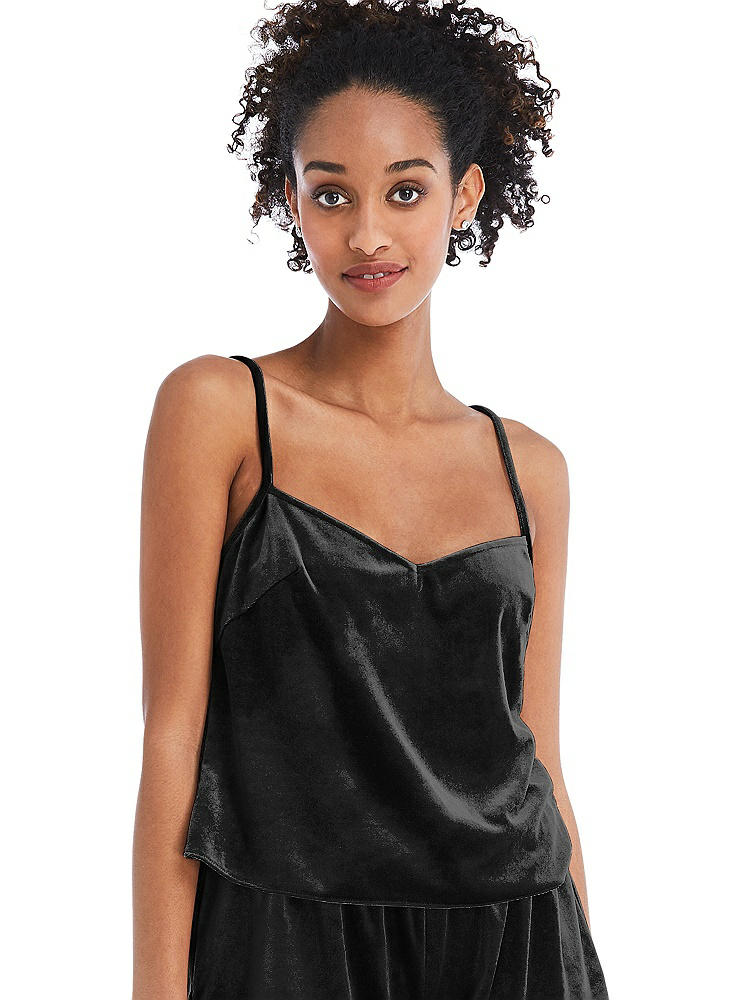 Front View - Black Split Back Slim Strap Velvet Cami - Sari