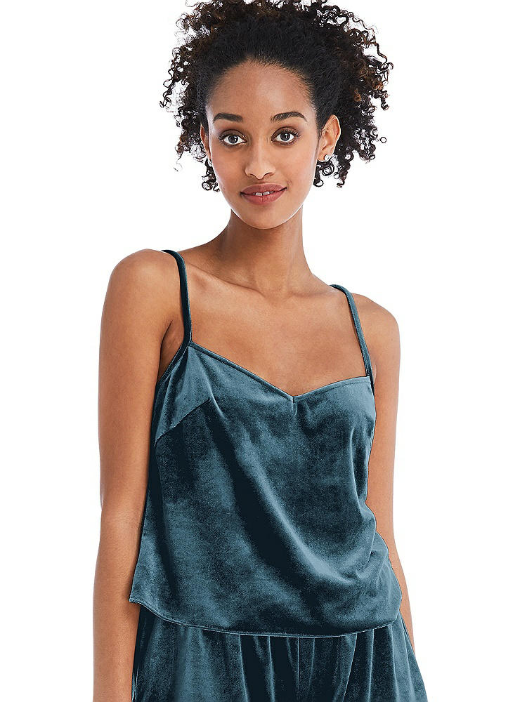 Front View - Dutch Blue Split Back Slim Strap Velvet Cami - Sari