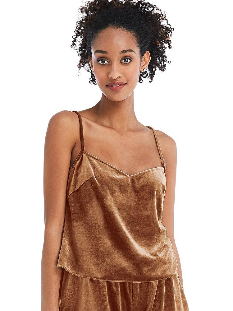 Front View - Golden Almond Split Back Slim Strap Velvet Cami - Sari