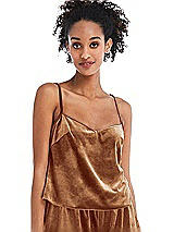 Front View Thumbnail - Golden Almond Split Back Slim Strap Velvet Cami - Sari