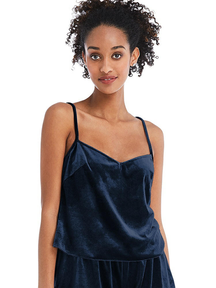 Front View - Midnight Navy Split Back Slim Strap Velvet Cami - Sari