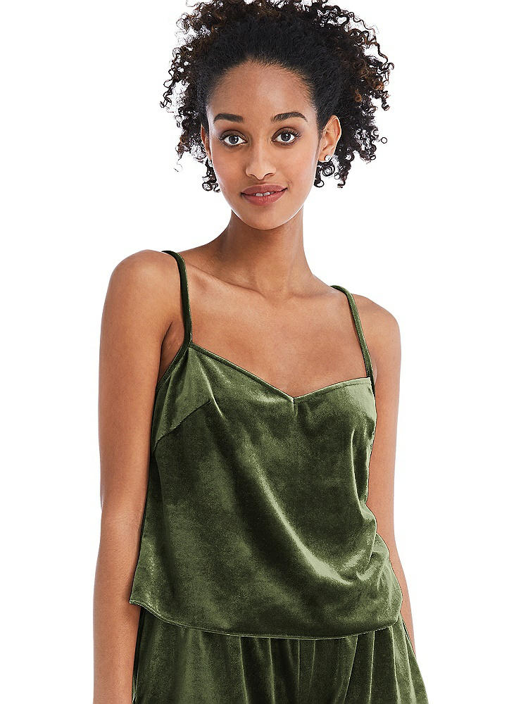 Front View - Olive Green Split Back Slim Strap Velvet Cami - Sari