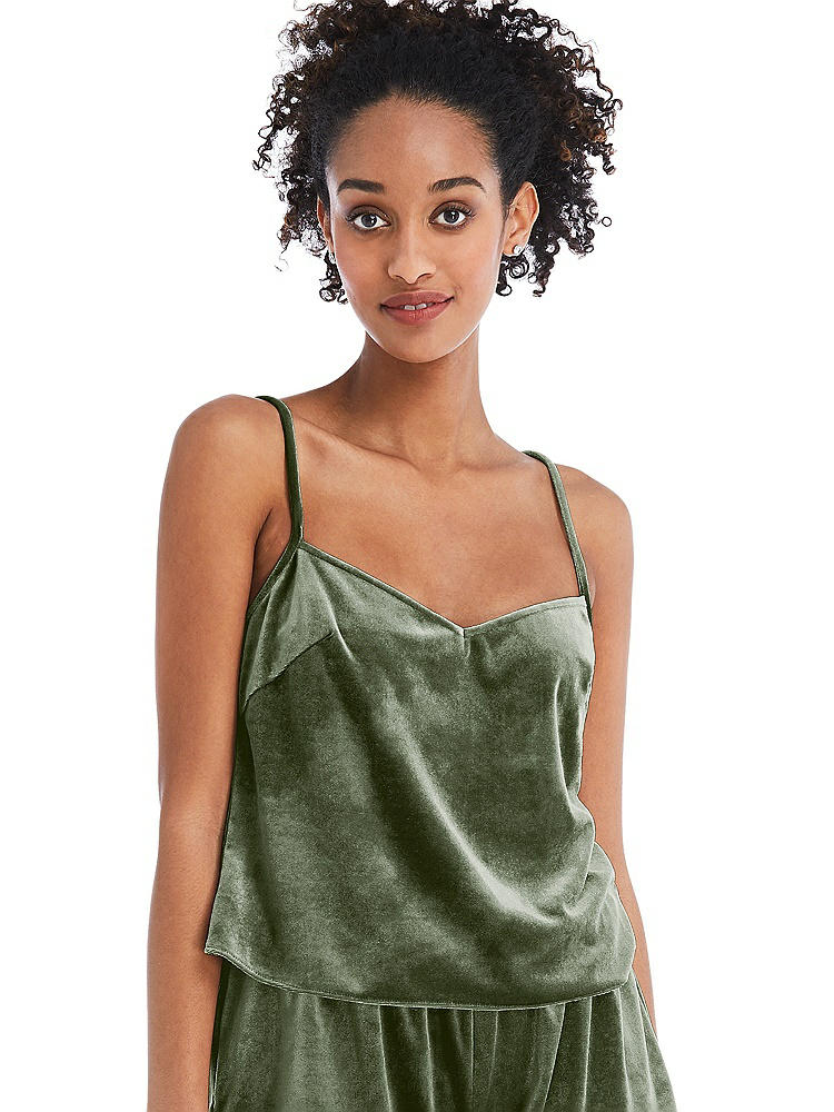 Front View - Sage Split Back Slim Strap Velvet Cami - Sari