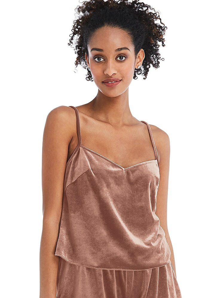 Front View - Tawny Rose Split Back Slim Strap Velvet Cami - Sari