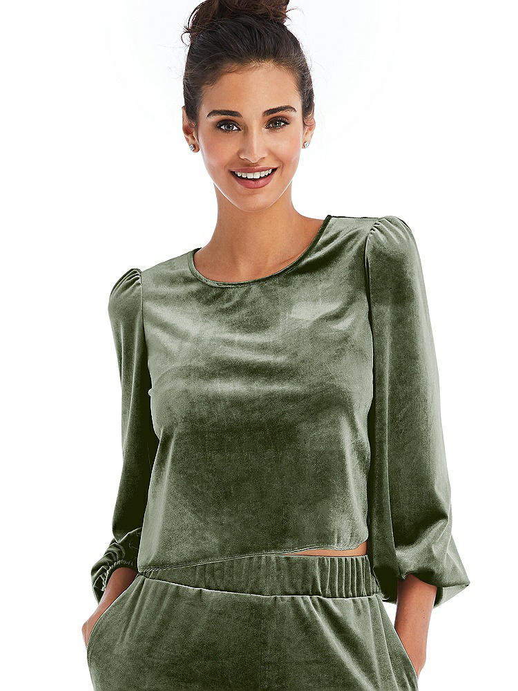 Front View - Sage Velvet Pullover Puff Sleeve Top - Rue