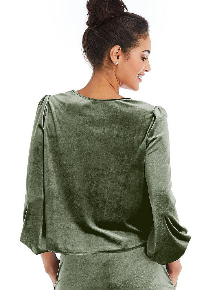 Back View - Sage Velvet Pullover Puff Sleeve Top - Rue