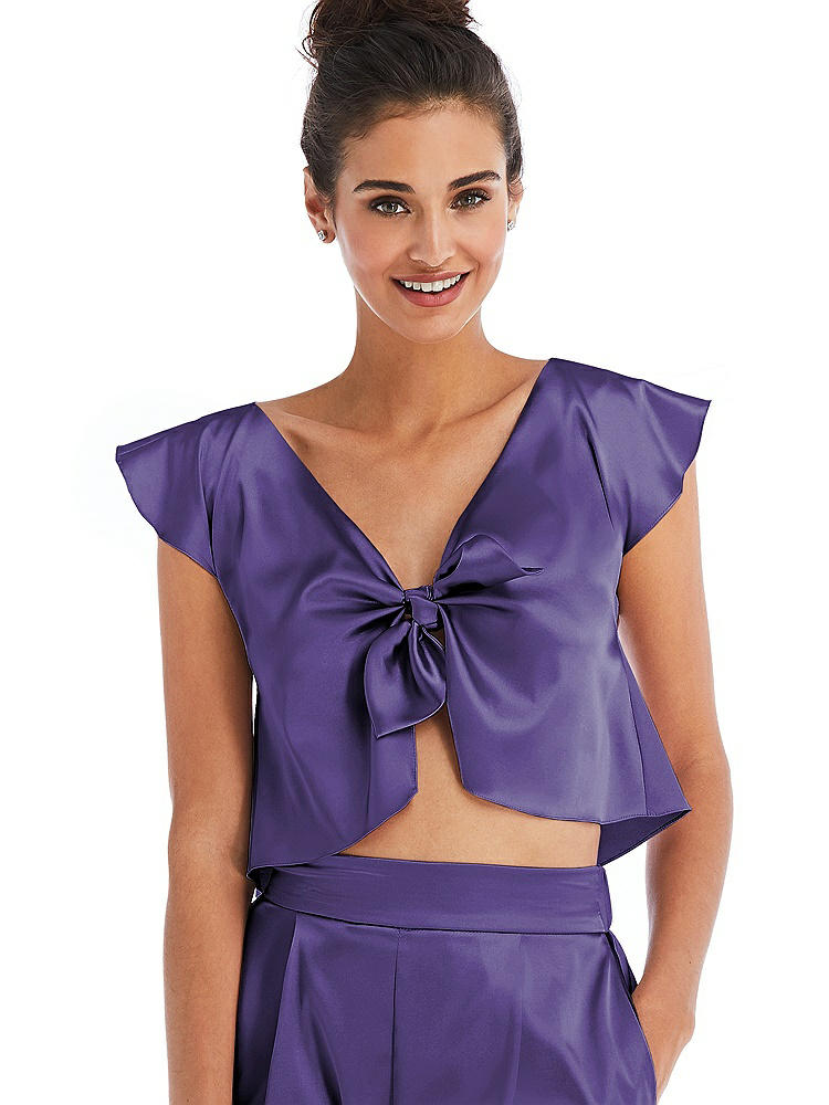 Front View - Regalia - PANTONE Ultra Violet Satin Tie-Front Lounge Crop Top - Frankie