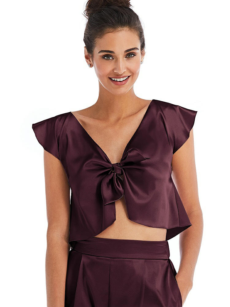 Front View - Bordeaux Satin Tie-Front Lounge Crop Top - Frankie