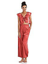 Alt View 1 Thumbnail - Perfect Coral Satin Tie-Front Lounge Crop Top - Frankie