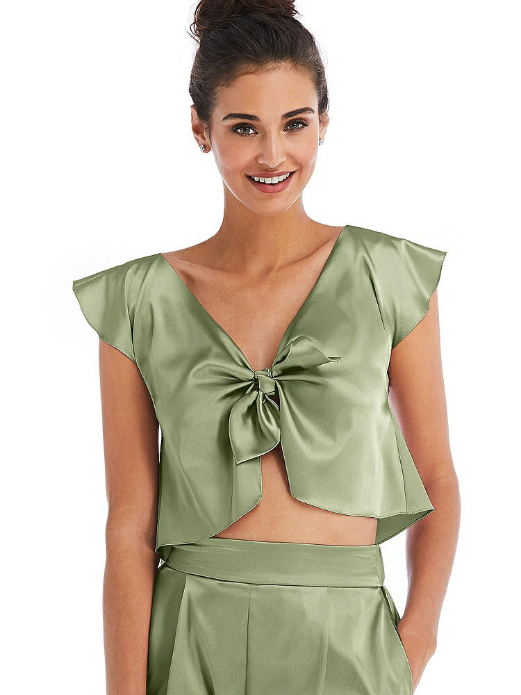 Front View - Kiwi Satin Tie-Front Lounge Crop Top - Frankie