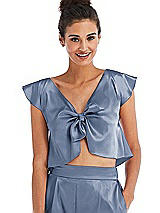 Front View Thumbnail - Larkspur Blue Satin Tie-Front Lounge Crop Top - Frankie