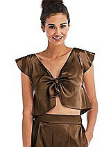 Front View Thumbnail - Latte Satin Tie-Front Lounge Crop Top - Frankie