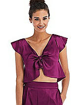 Front View Thumbnail - Merlot Satin Tie-Front Lounge Crop Top - Frankie