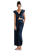 Alt View 1 Thumbnail - Midnight Navy Satin Tie-Front Lounge Crop Top - Frankie