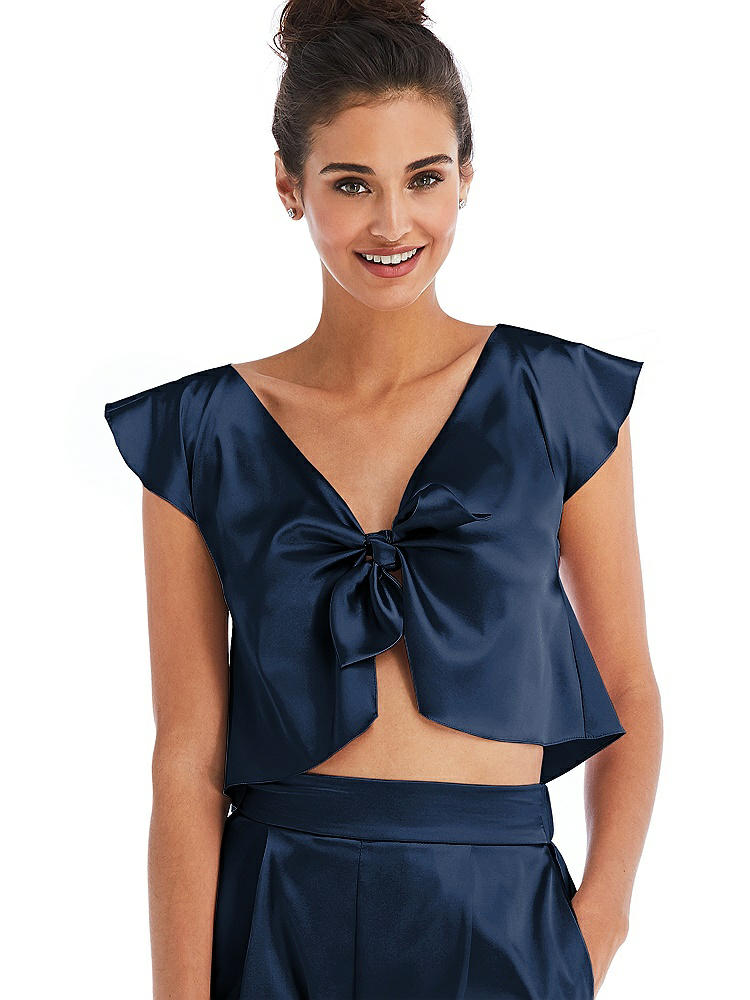 Front View - Midnight Navy Satin Tie-Front Lounge Crop Top - Frankie