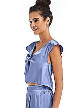 Side View Thumbnail - Periwinkle - PANTONE Serenity Satin Tie-Front Lounge Crop Top - Frankie