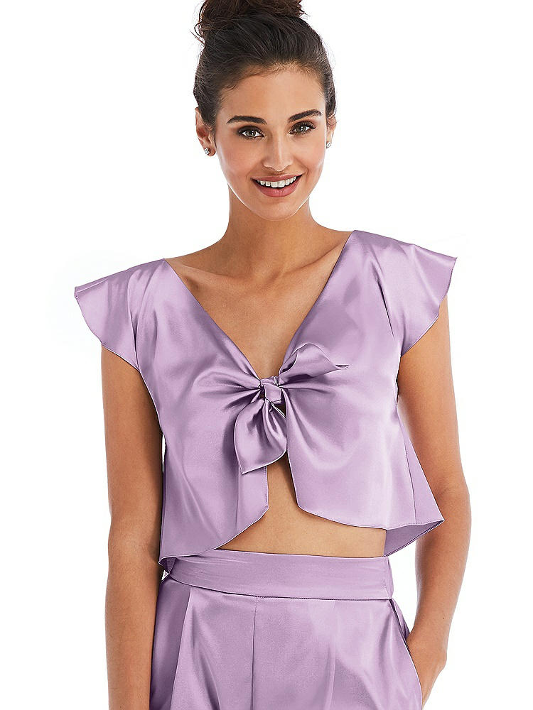 Front View - Wood Violet Satin Tie-Front Lounge Crop Top - Frankie