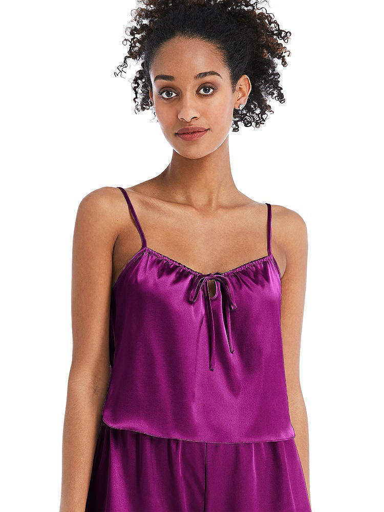 Front View - Persian Plum Drawstring Neck Satin Cami with Bow Detail - Nyla