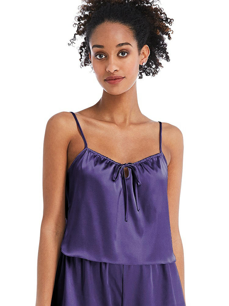 Front View - Regalia - PANTONE Ultra Violet Drawstring Neck Satin Cami with Bow Detail - Nyla