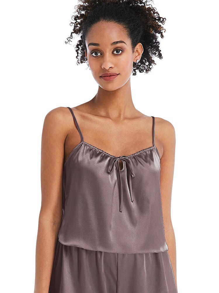 Front View - French Truffle Drawstring Neck Satin Cami with Bow Detail - Nyla