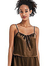 Front View Thumbnail - Latte Drawstring Neck Satin Cami with Bow Detail - Nyla