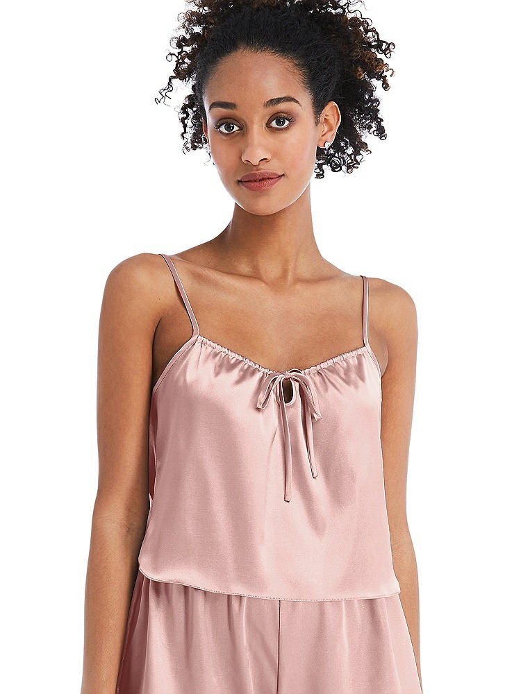 Front View - Rose - PANTONE Rose Quartz Drawstring Neck Satin Cami with Bow Detail - Nyla