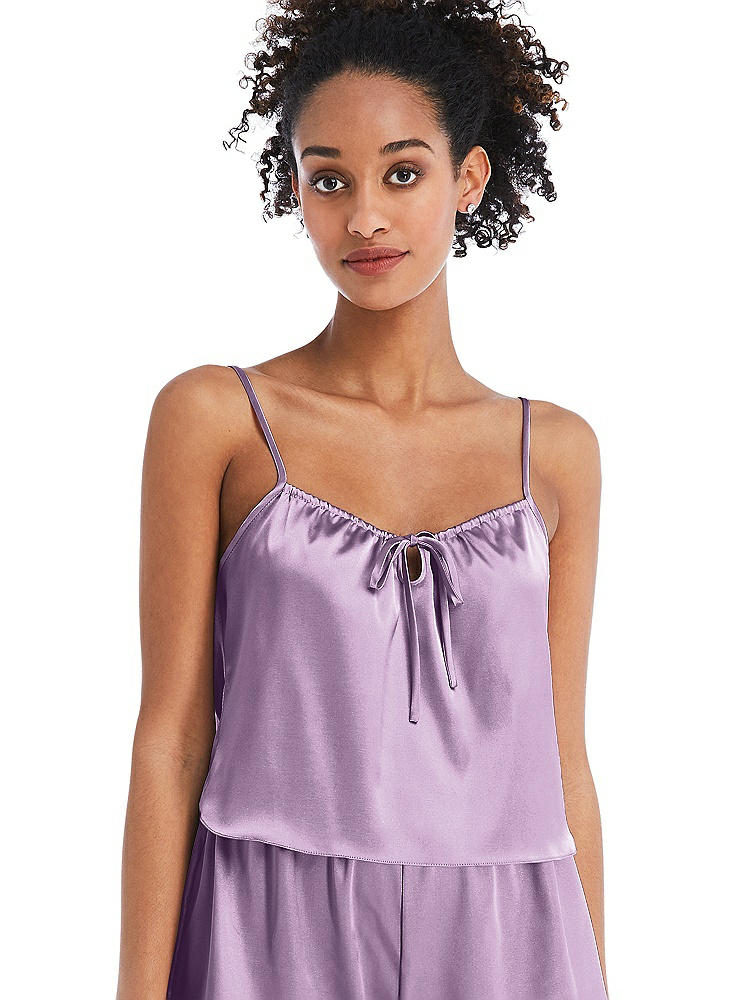 Front View - Wood Violet Drawstring Neck Satin Cami with Bow Detail - Nyla