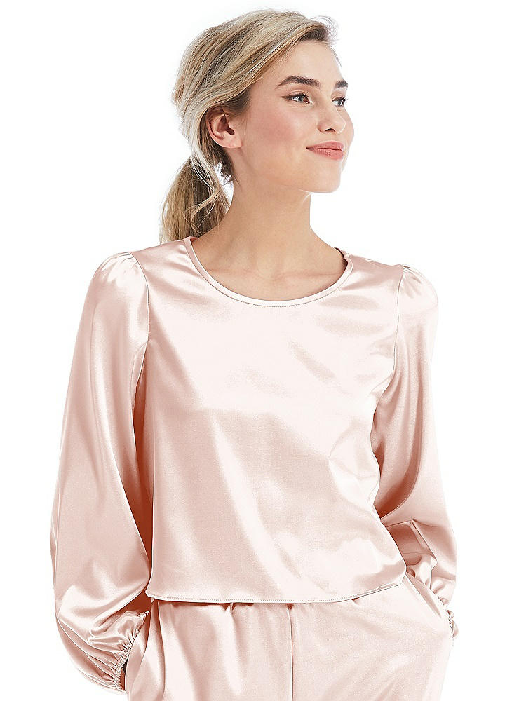 Front View - Blush Satin Pullover Puff Sleeve Top - Parker