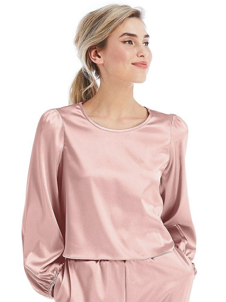 Front View - Rose - PANTONE Rose Quartz Satin Pullover Puff Sleeve Top - Parker