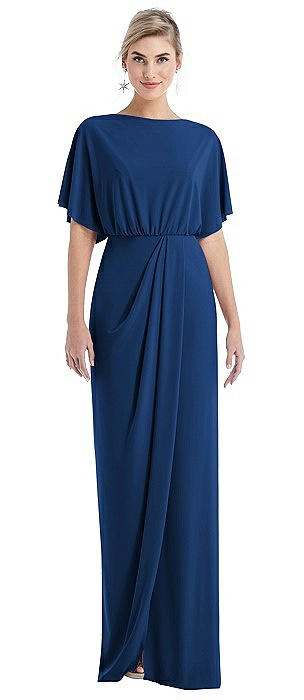 Open-Back Three-Quarter Sleeve Draped Tulip Skirt Maxi Dress