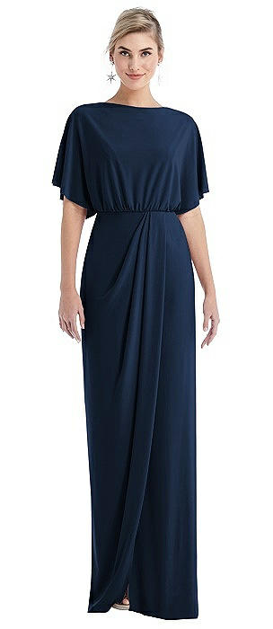 Open-Back Three-Quarter Sleeve Draped Tulip Skirt Maxi Dress