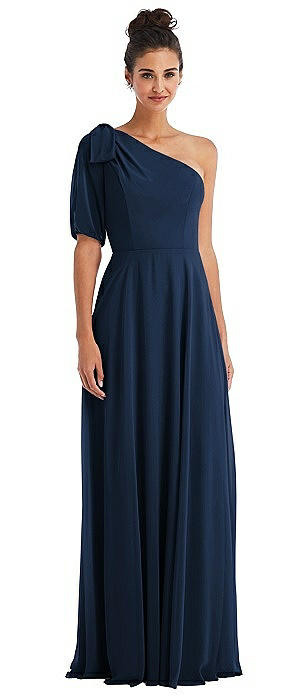 Bow One-Shoulder Flounce Sleeve Maxi Dress