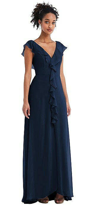 Ruffle-Trimmed V-Back Chiffon Maxi Dress