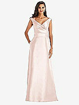 Front View Thumbnail - Blush & Blush Off-the-Shoulder Draped Wrap Satin Maxi Dress