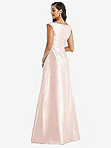 Rear View Thumbnail - Blush & Blush Off-the-Shoulder Draped Wrap Satin Maxi Dress