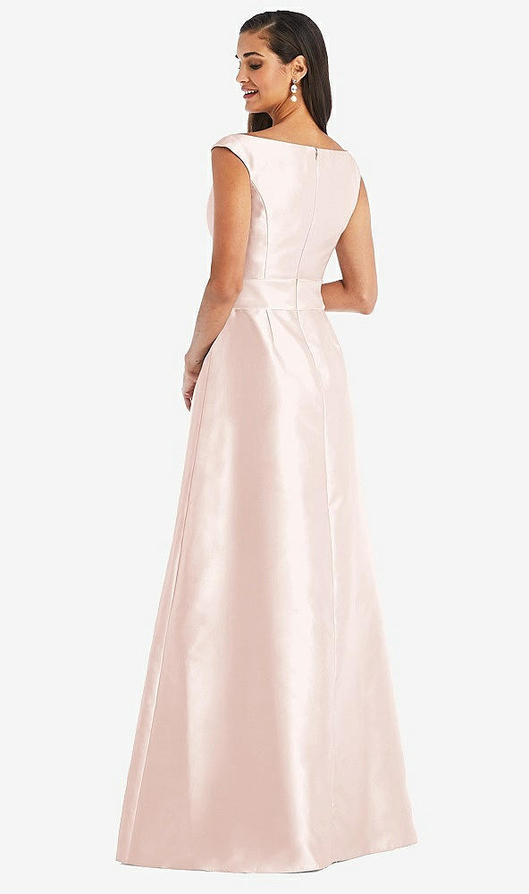 Back View - Blush & Blush Off-the-Shoulder Draped Wrap Satin Maxi Dress